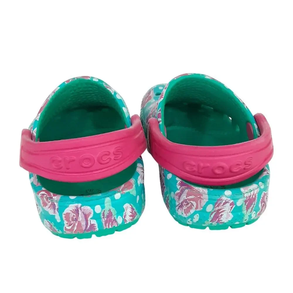 Crocs Clogs Girls 6 Rose Floral Polka Dot Blue Water Shoe Slip On Outdoor Hiking